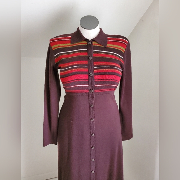 90s Vintage Liz Claiborne Wool Blend Retro Stripe Maxi Dress - Picture 3 of 8